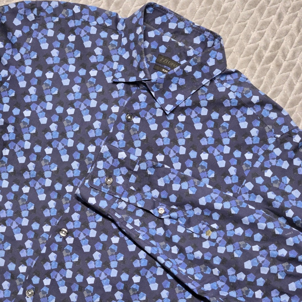 Z Zegna Mens Slim Fit Blue Geometric Pentagon Print Cotton Button Down Shirt L